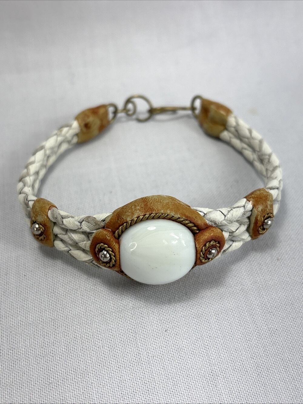 Boho Hippie White Braided Leather Brass With Cabochon Stone Bracelet